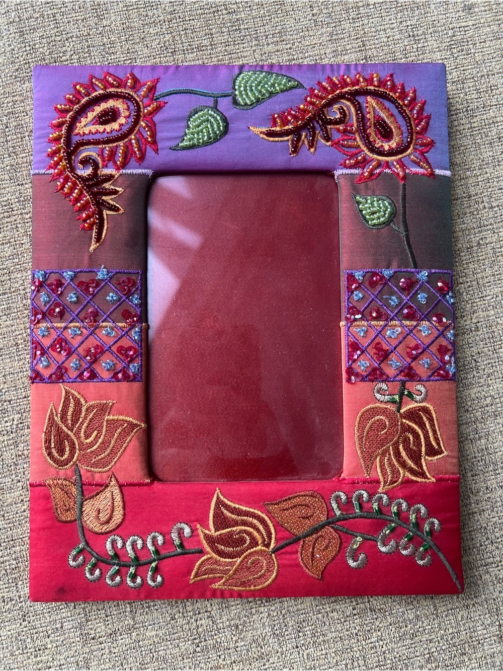Vintage Pier 1 Imports Fabric Beaded Photo Frame Boho Embroidered Paisley Silk